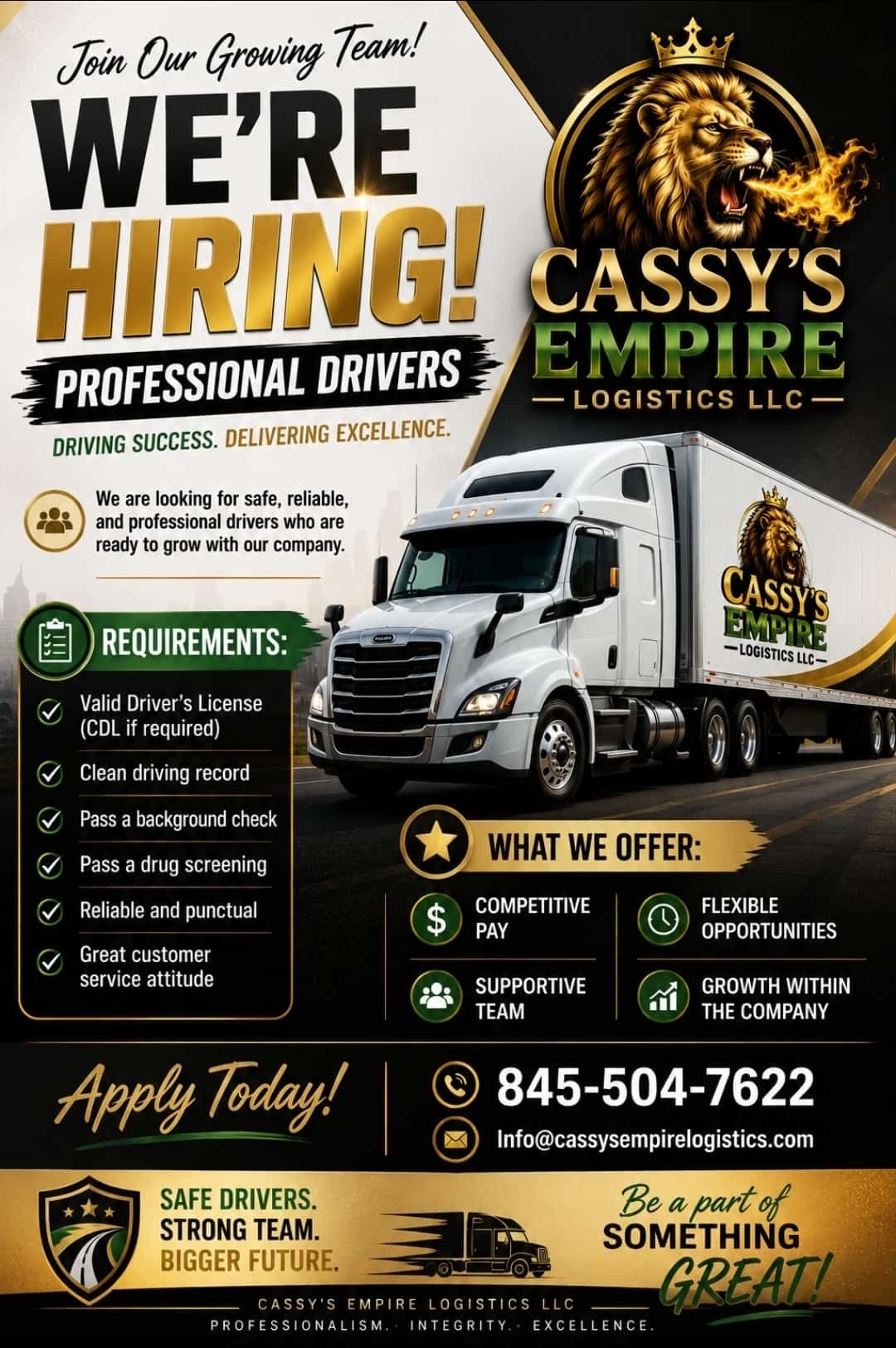 Cassy's Empire Logistics hiring flyer — professional drivers wanted